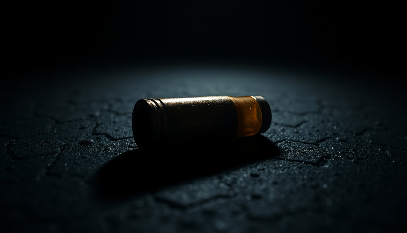An extreme close-up of a spent shell casing on a dark, textured surface, lit by a harsh, direct camera flash, conceptually representing the evidence gathered in a police investigation into gun crime.