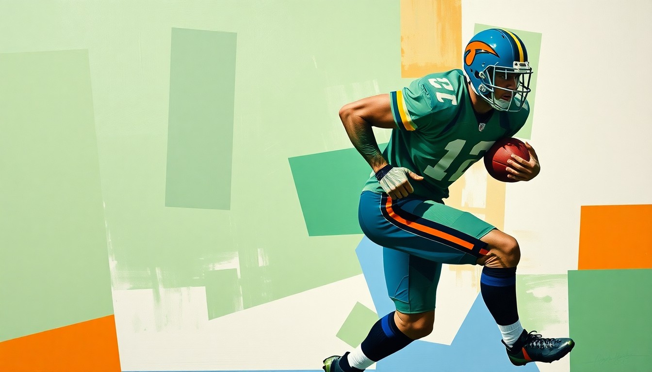 A fragmented, geometric painting depicting a football player in motion, with sharp planes of green, blue, and orange overlapping to create a dynamic, abstract representation of athletic prowess.