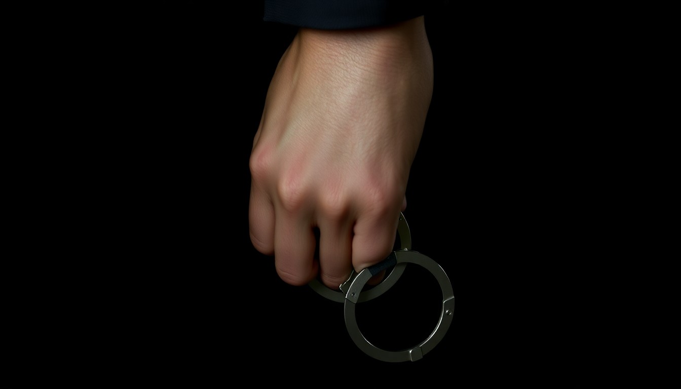 An extreme close-up of a police officer's hand holding a pair of handcuffs, the metal reflecting a harsh, direct flash of light against a pitch-black background, conceptually illustrating the need for de-escalation training to reduce the use of force.