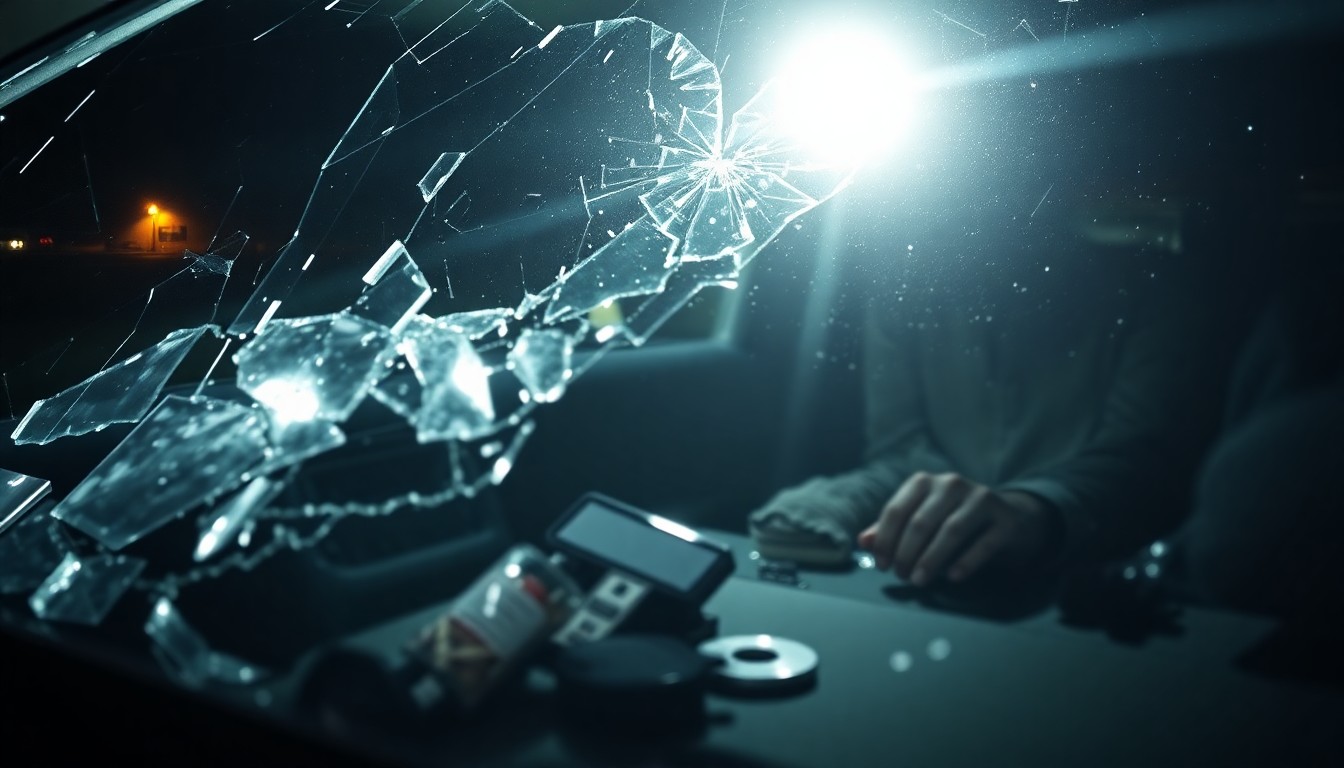 An extreme close-up photograph of a shattered car windshield reflecting the harsh glare of a camera flash, conceptually representing the aftermath of a fatal drunk driving accident.