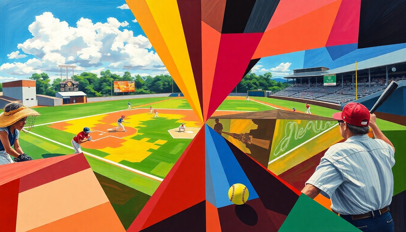 A cubist, geometric painting depicting the action and energy of a high school softball game, with overlapping shapes and planes in the team colors of Hartselle and Athens.