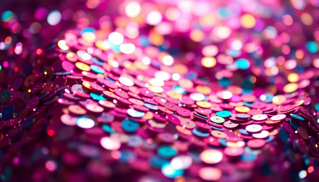 An extreme close-up photograph of shimmering, iridescent sequins in a rich, jewel-toned color palette, capturing the luxurious textures and high-fashion aesthetic of celebrity culture.