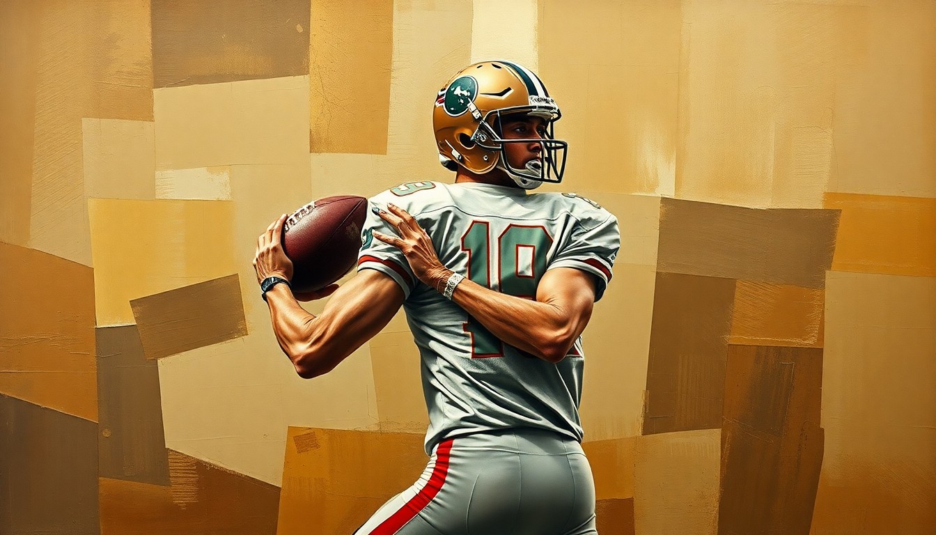 A cubist, geometric painting depicting a football quarterback in the act of throwing, with the figure broken down into overlapping planes of muted earth tones.