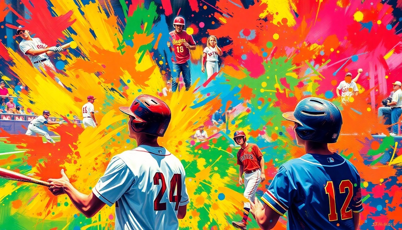 An abstract, energetic painting with bold strokes of neon colors representing the dynamic action and excitement of a high school baseball game.