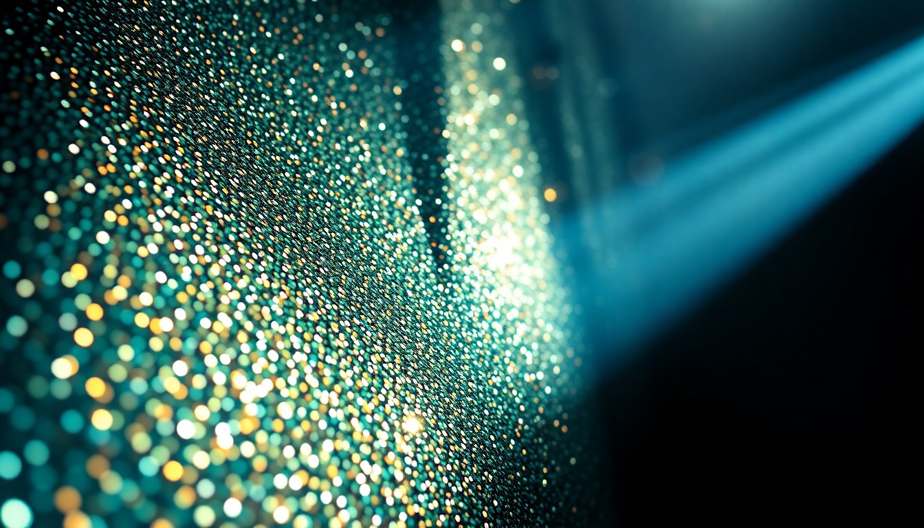 An extreme close-up photograph of shimmering, high-contrast sequins under dramatic studio lighting, conceptually representing the lavish production values and celebrity appeal of a major concert residency.