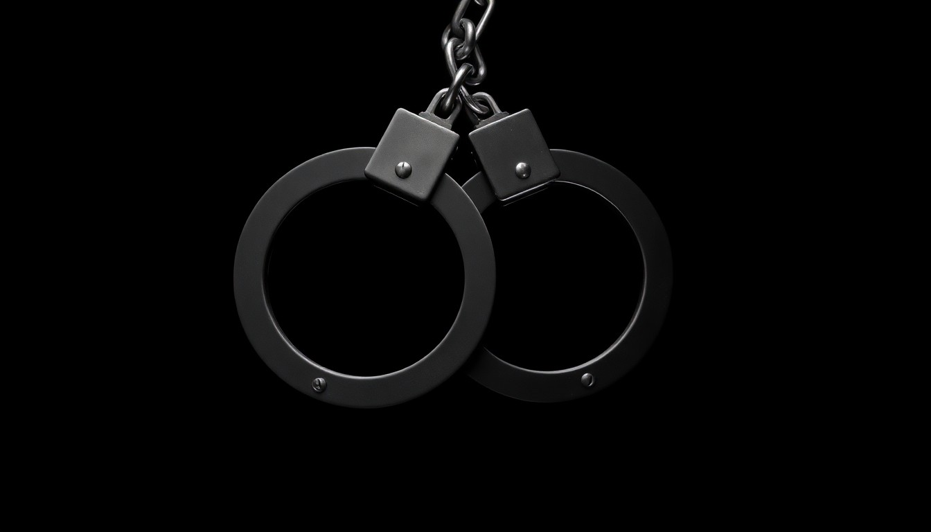 An extreme close-up photograph of a pair of handcuffs against a pitch-black background, lit by a harsh, direct camera flash, conceptually representing the investigation into a serious crime.