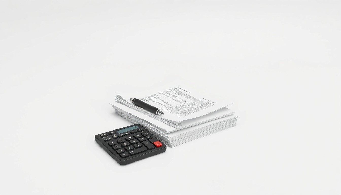 A minimalist, high-contrast studio photograph featuring a stack of financial documents, a pen, and a calculator arranged on a clean, white background, symbolizing the abstract concepts of corporate finance and capital planning.