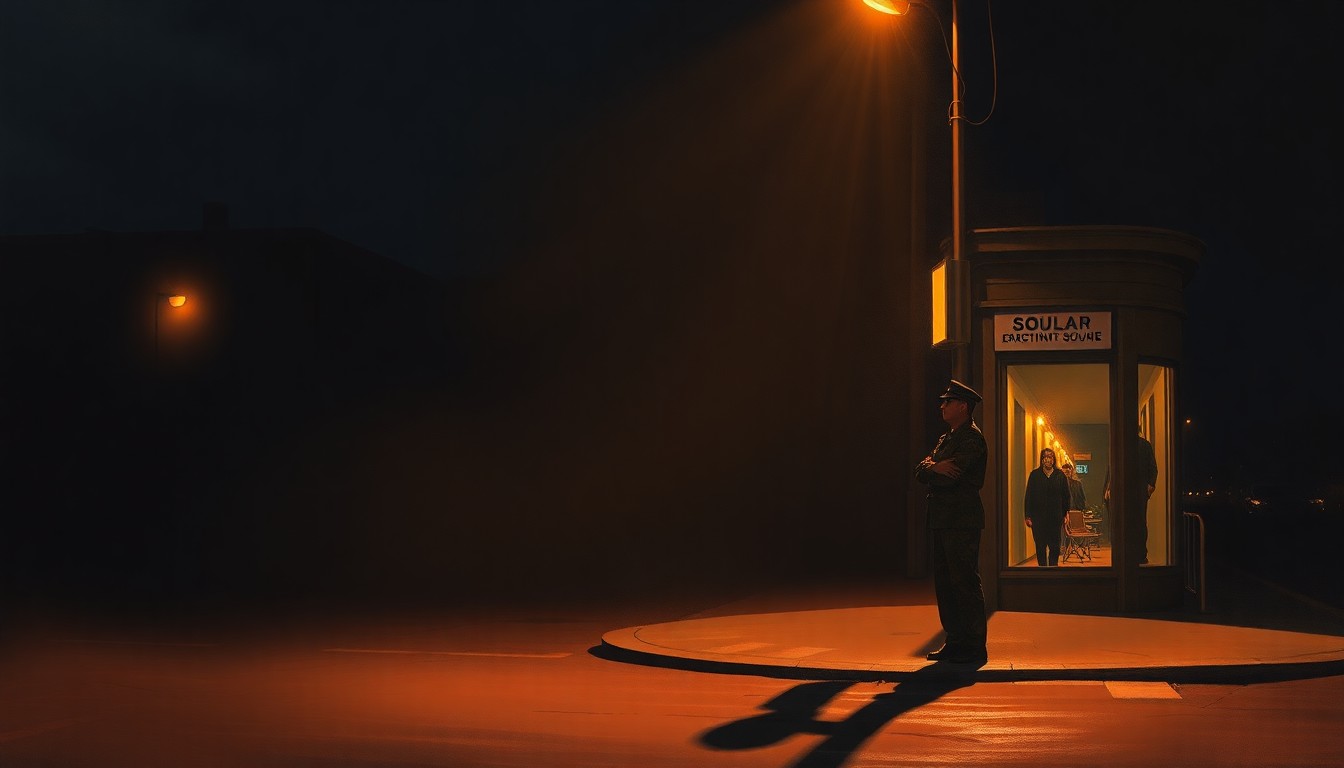 A solitary figure of a woman standing on a street corner, her face obscured by shadows, conveying a sense of isolation and uncertainty in the face of an uncertain immigration status.