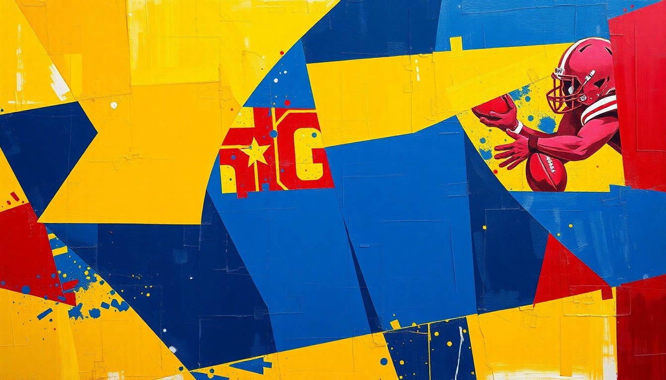 A cubist, geometric illustration depicting various college sports competitions, including basketball, football, and hockey, broken down into sharp, overlapping planes of navy blue, gold, and crimson, conveying the Big Ten's comprehensive athletic success.