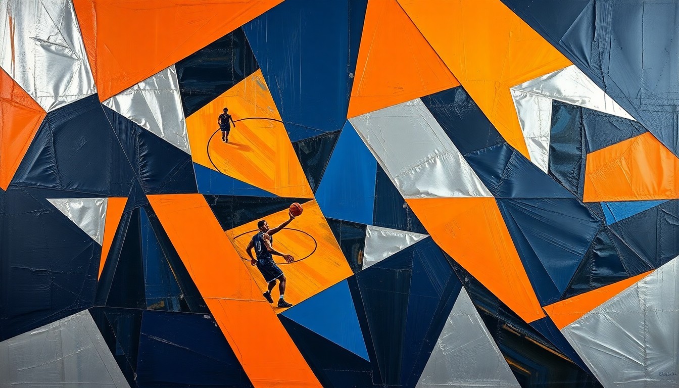 A fragmented, geometric painting depicting a basketball game, with sharp planes of navy, orange, and silver intersecting to create a dynamic, abstract visual representation of the analytical process behind the model's player prop picks.