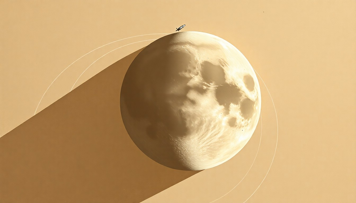 An abstract, textured painting in shades of brown, orange, and blue, featuring sweeping geometric arcs and concentric circles representing the trajectory of the Artemis II spacecraft as it orbits the moon, conveying the scale and complexity of this historic mission.