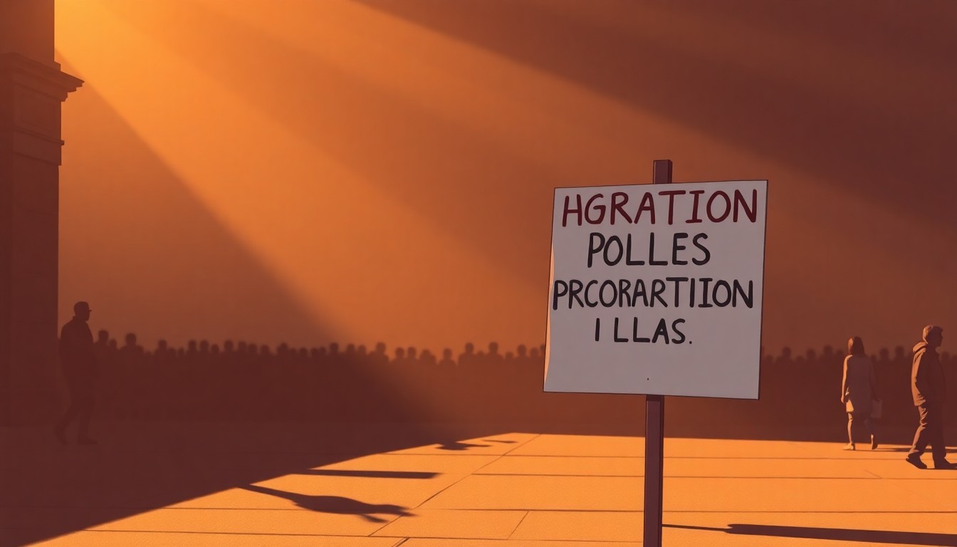 A close-up view of a hand-painted protest sign reflecting the lingering divisions over immigration, rendered in a cinematic, nostalgic painting style with warm lighting and deep shadows.