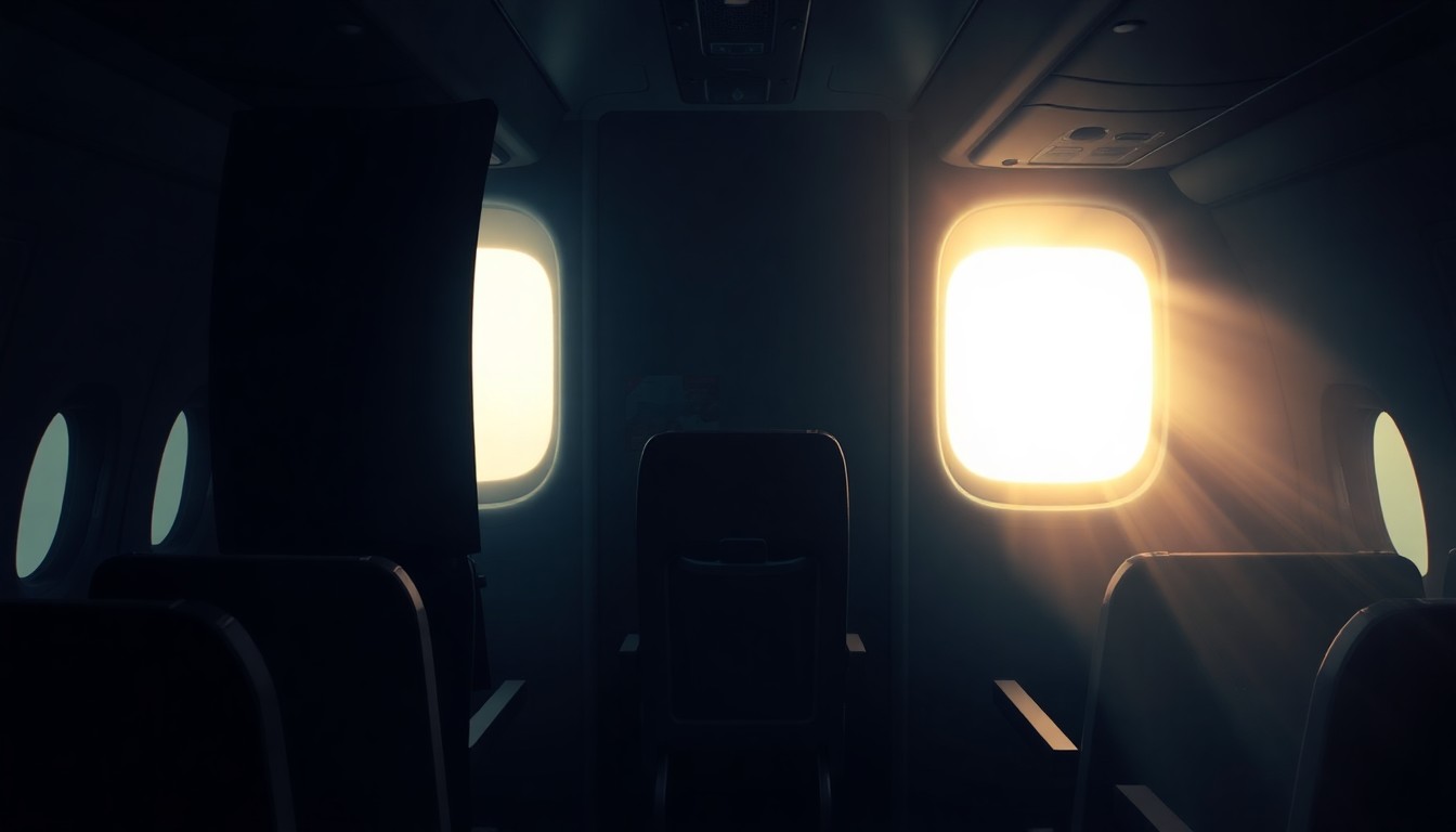 A cinematic, oil painting-style illustration of the dimly lit interior of an empty airplane cabin, with soft, warm lighting filtering through the windows and casting deep shadows across the solitary passenger seat.