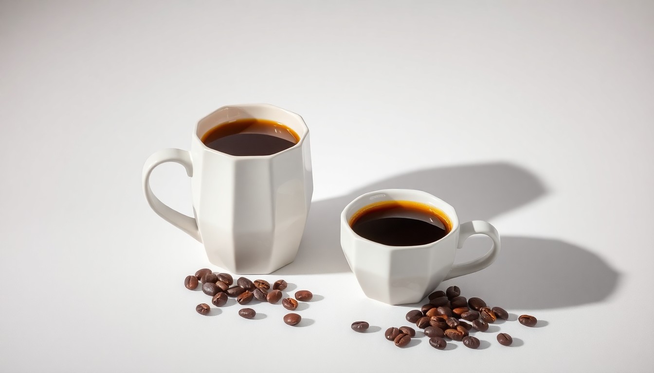 A high-end, photorealistic studio still-life photograph featuring a polished, geometric ceramic mug, a freshly brewed cup of coffee, and a few whole coffee beans arranged elegantly on a clean, monochromatic seamless background, conceptually representing the premium quality and craftsmanship of the La La Land Kind Cafe brand.