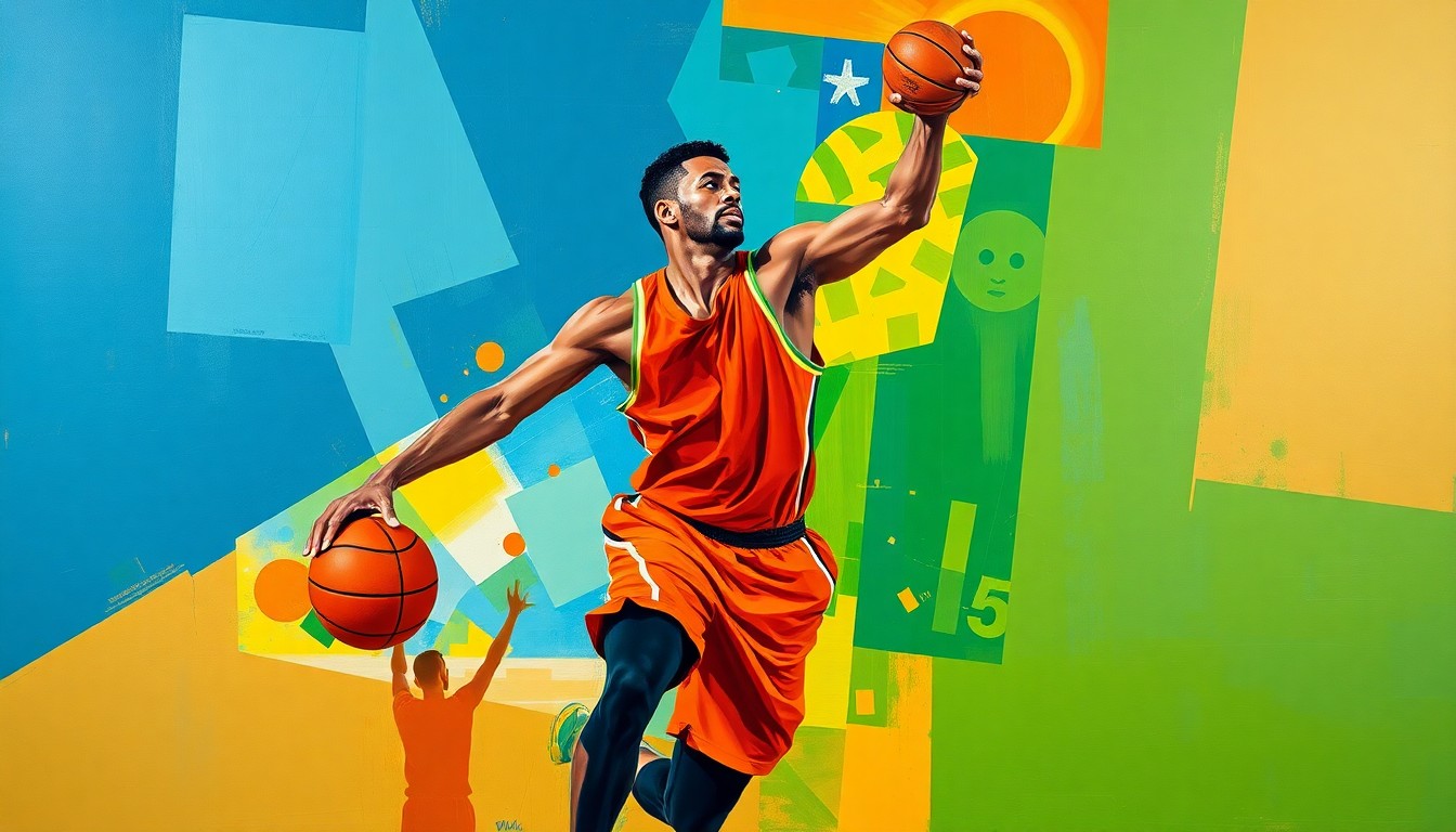 A cubist, geometric painting depicting the fragmented movements of a basketball player, with sharp planes of color and overlapping shapes representing the dynamic action of the sport.
