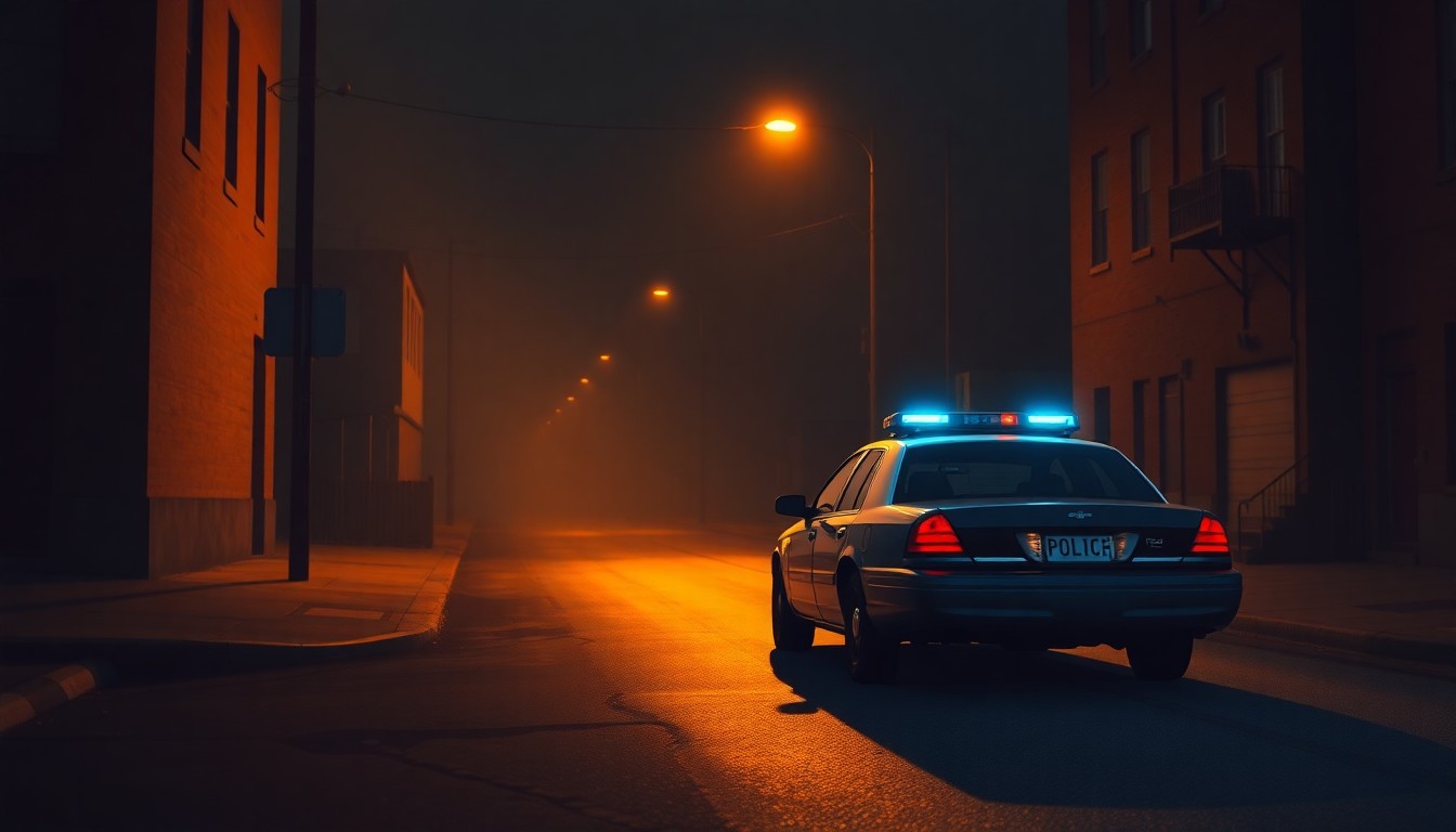 A realistic oil painting of a lone police car parked on a shadowy city street, with warm sunlight casting dramatic diagonal shadows across the scene, conveying a sense of quiet contemplation and investigation.