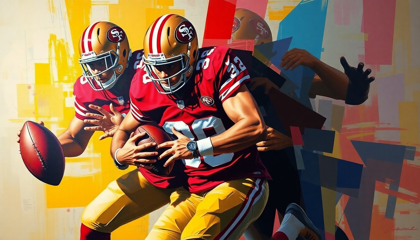 A fractured, geometric painting depicting a 49ers defensive player rushing the quarterback, with the player's form broken down into sharp, overlapping planes of red and gold colors.