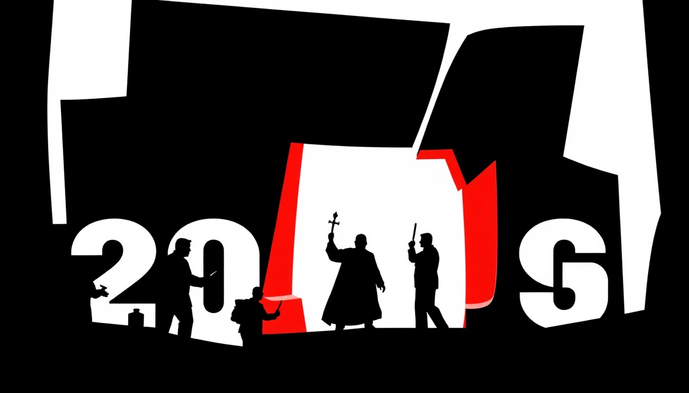 An abstract, minimalist illustration featuring bold, jagged geometric shapes in contrasting colors like red and white, conceptually representing the idea of news commentary through a biblical lens.