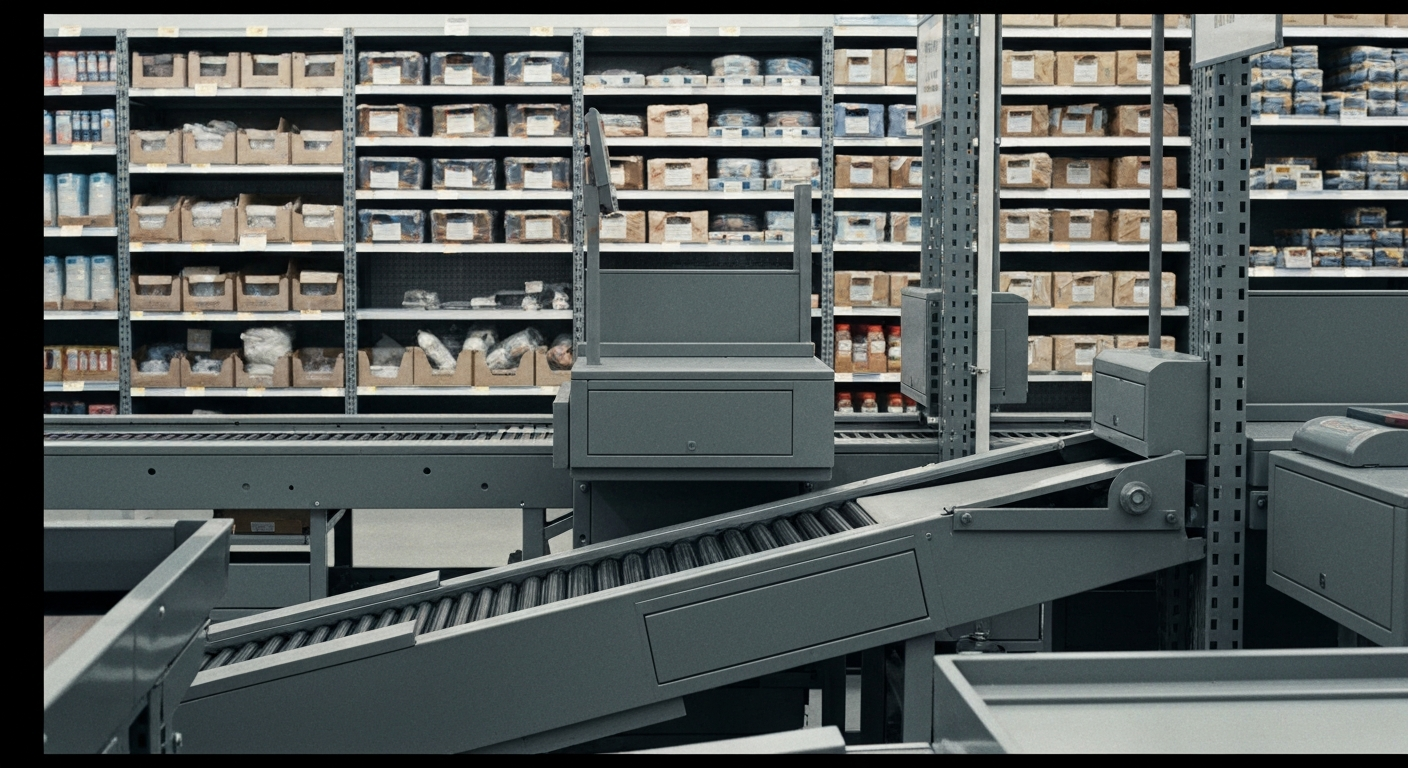 An extreme close-up of the inner workings and machinery of a discount retail store, such as shelving, conveyor belts, or cash registers, captured in a cinematic, high-contrast style that conveys the behind-the-scenes efficiency and power of the discount retail industry.