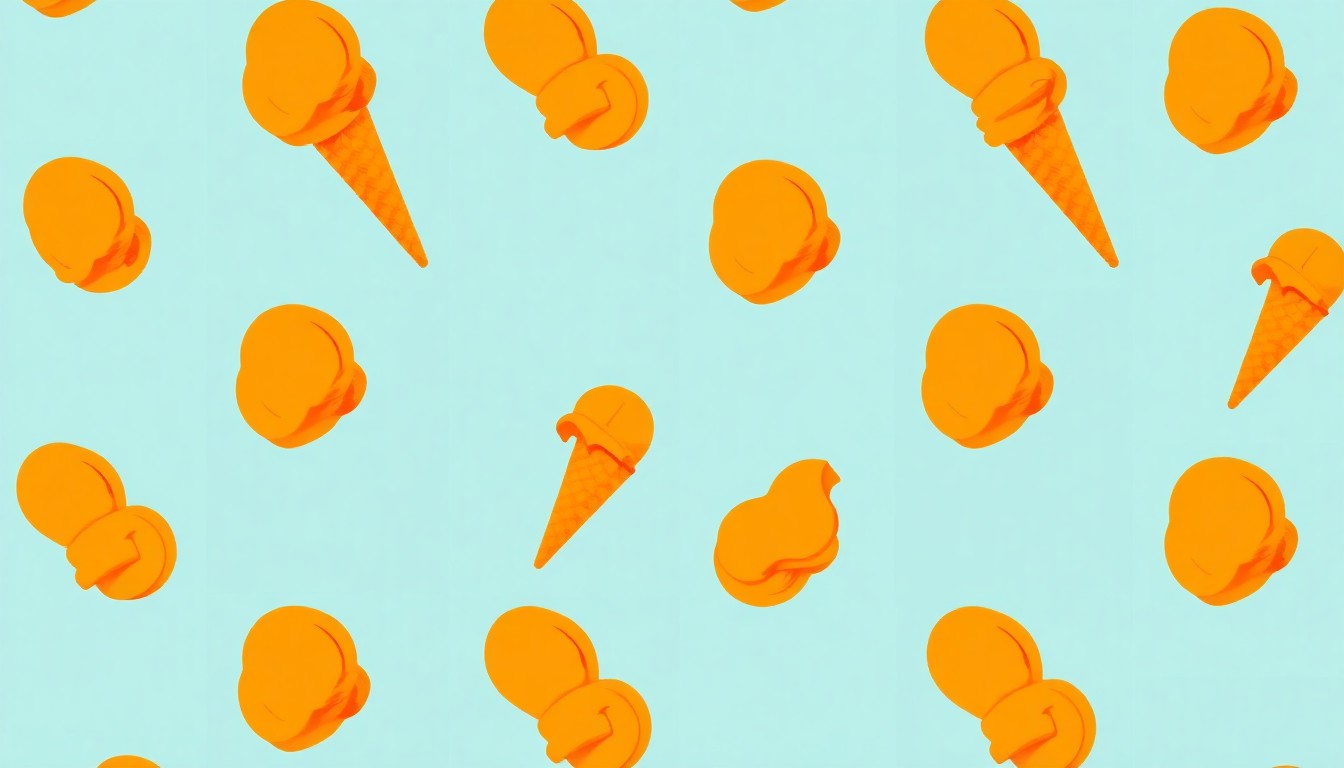 A highly stylized, pop art-inspired illustration featuring a repeating pattern of a single, brightly colored ice cream scoop in a vibrant mango orange hue, conceptually representing the unique and eye-catching Mango Sticky Rice ice cream from Dorp Creamery in San Antonio.