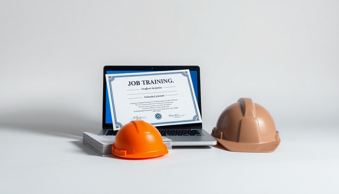A photorealistic studio still life featuring a stack of job training certificates, a laptop, and a hardhat, symbolizing the workforce development initiatives funded by JPMorgan Chase's investment in Ohio.