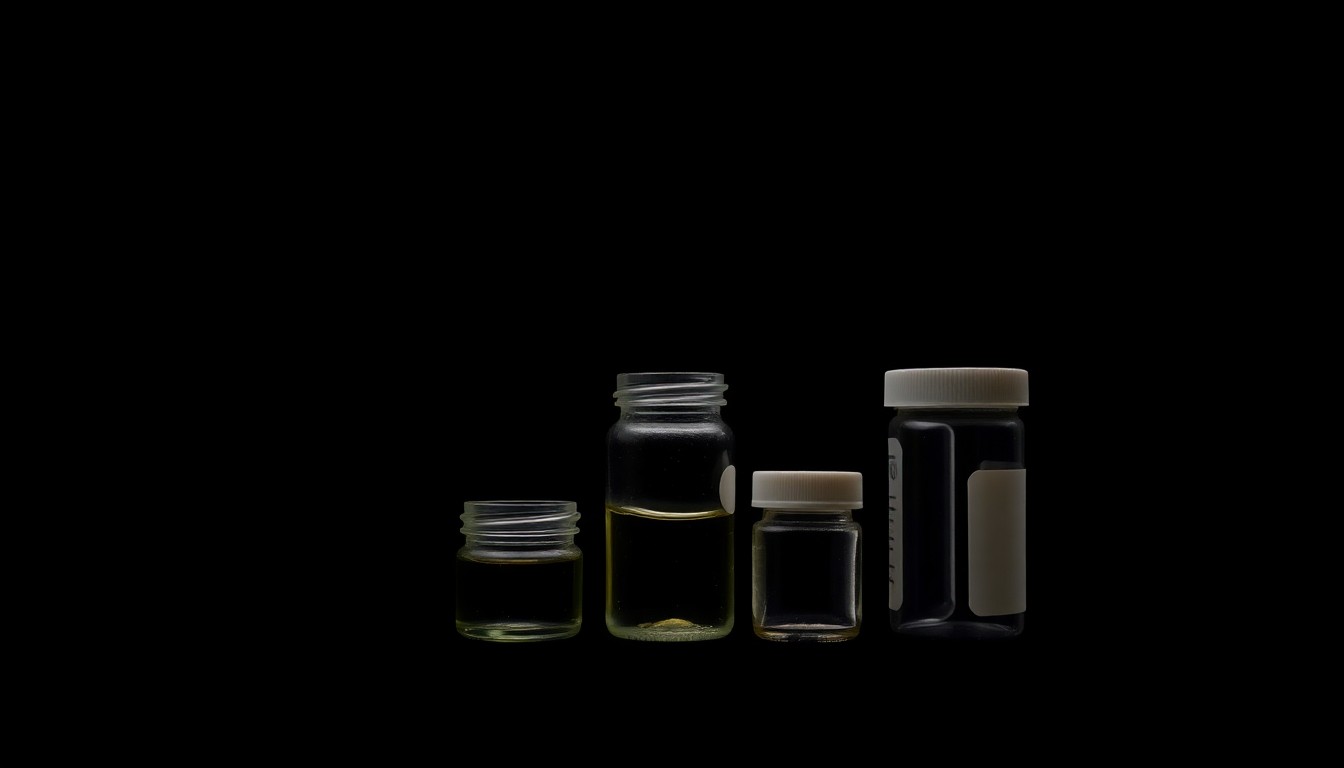 An extreme close-up photograph of a set of small glass containers and plastic tubes against a pitch-black background, lit by a harsh, direct camera flash, conceptually representing the materials used in illicit meth production.