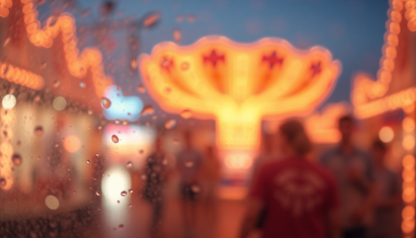 An abstract, impressionistic scene of blurred, colorful lights and shapes, conveying the warm, communal spirit of a county fair through an artistic, dreamlike lens.
