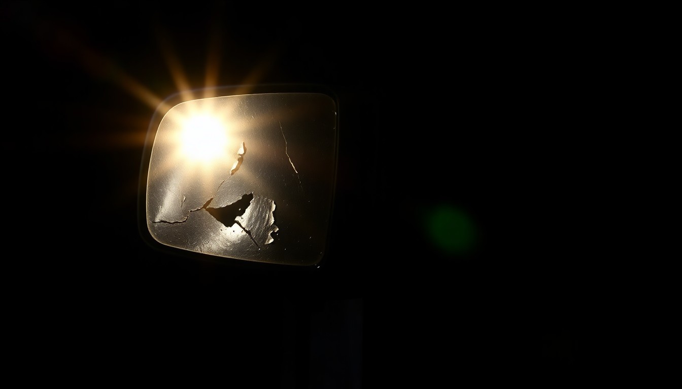 An extreme close-up photograph of a damaged police vehicle side mirror, capturing the harsh, gritty details of the incident in a stark, investigative style.
