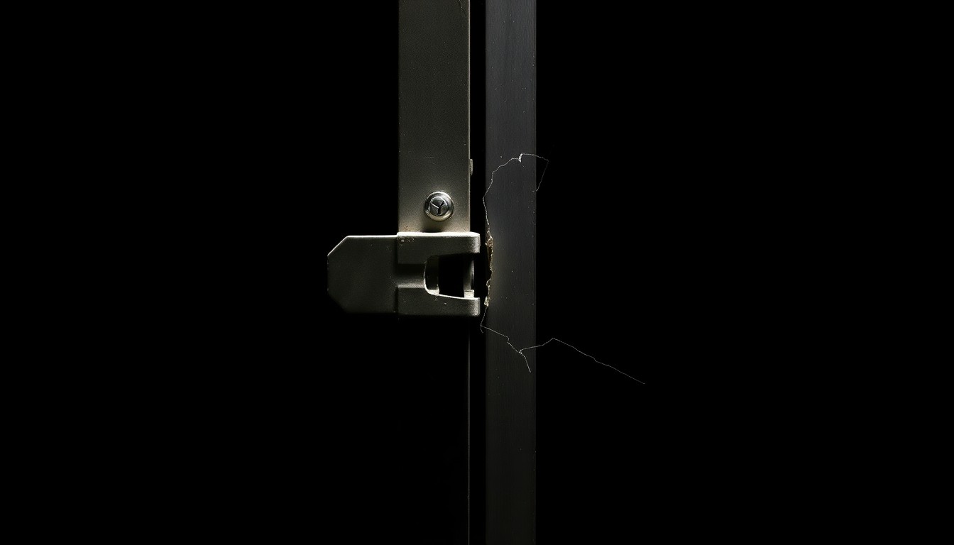 An extreme close-up photograph of a broken window lock mechanism, the metallic components and textures dramatically illuminated by a harsh camera flash against a pitch-black background, conceptually representing the unsettling incidents of nighttime prowling that have disrupted a quiet Pennsylvania neighborhood.