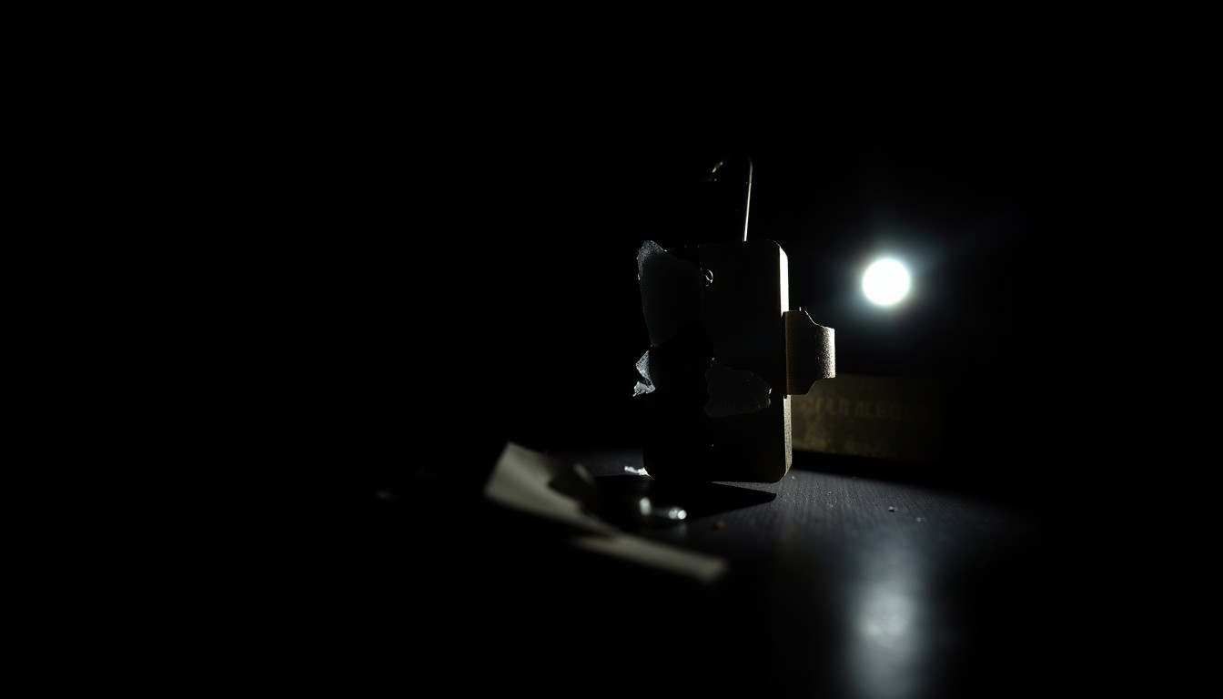 An extreme close-up photograph of a broken lock, conceptually illustrating the physical evidence of a burglary and the investigative nature of the police's search for suspects.