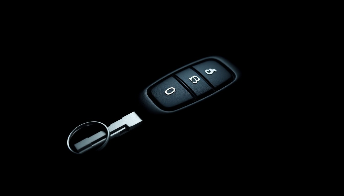 An extreme close-up photograph of a car key fob against a pitch-black background, the harsh flash creating dramatic shadows and textures to conceptually illustrate the crime of vehicle theft.