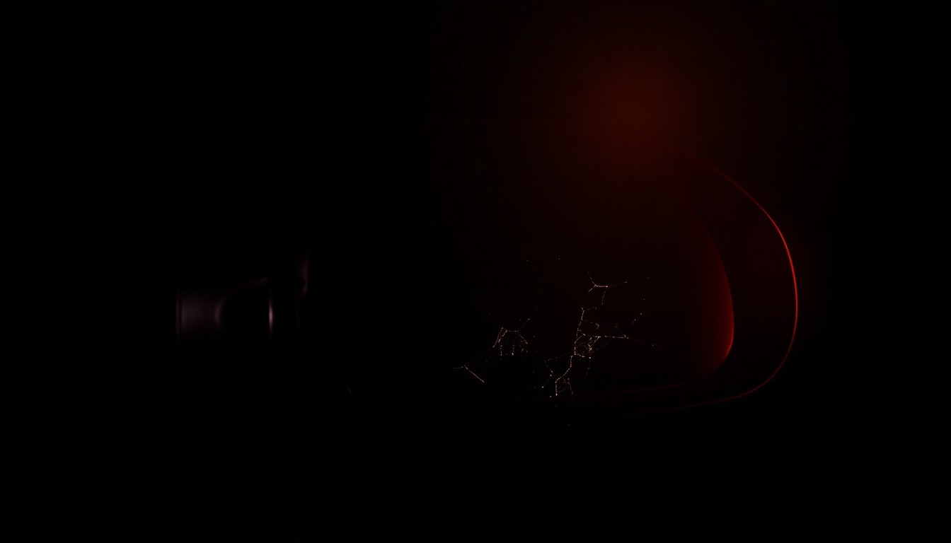 An extreme close-up photograph of a cracked and damaged car side mirror, reflecting a faint red glow against a pitch-black background, conceptually illustrating the aftermath of a hit-and-run crash.