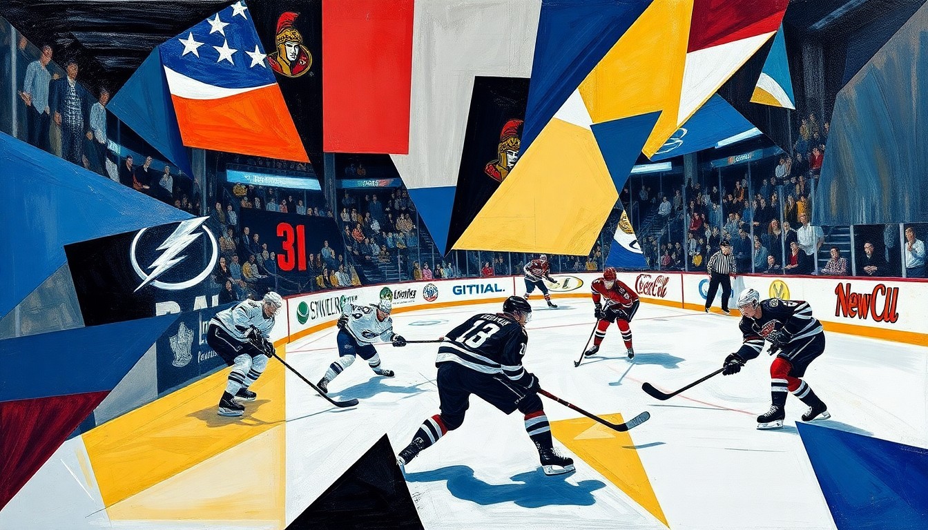 A cubist, geometric painting capturing the intensity and movement of a hockey game between the Tampa Bay Lightning and Ottawa Senators, with sharp, overlapping planes of color and form representing the players and action on the ice.