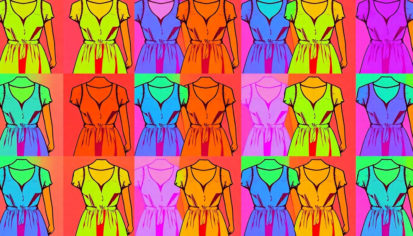 A vibrant, high-contrast silkscreen print of a Free People clothing item, such as a dress or blouse, repeated in a grid pattern in bold neon colors and heavy black outlines, conceptually representing the new lifestyle retail options coming to Huntsville.