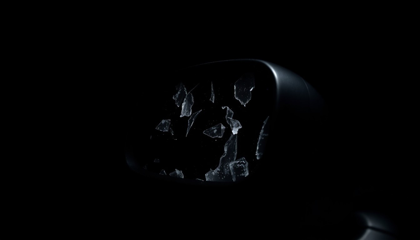 An extreme close-up photograph of a damaged car side mirror reflecting a faint light, conceptually illustrating the aftermath of a hit-and-run incident.