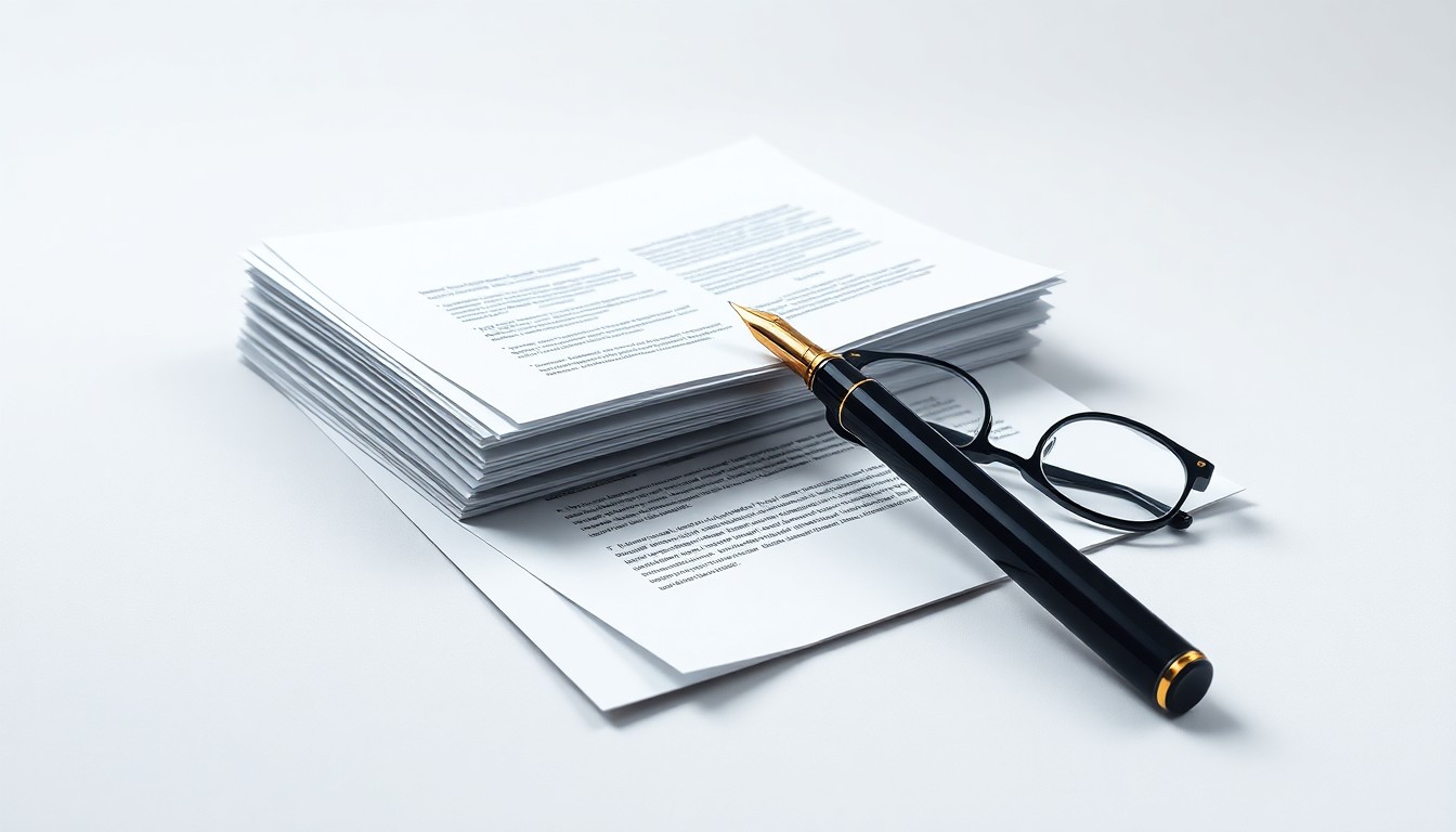 A minimalist studio still life photograph featuring a stack of legal documents, a fountain pen, and a pair of reading glasses arranged elegantly on a clean, monochromatic background, representing the abstract concepts of corporate finance and legal strategy.