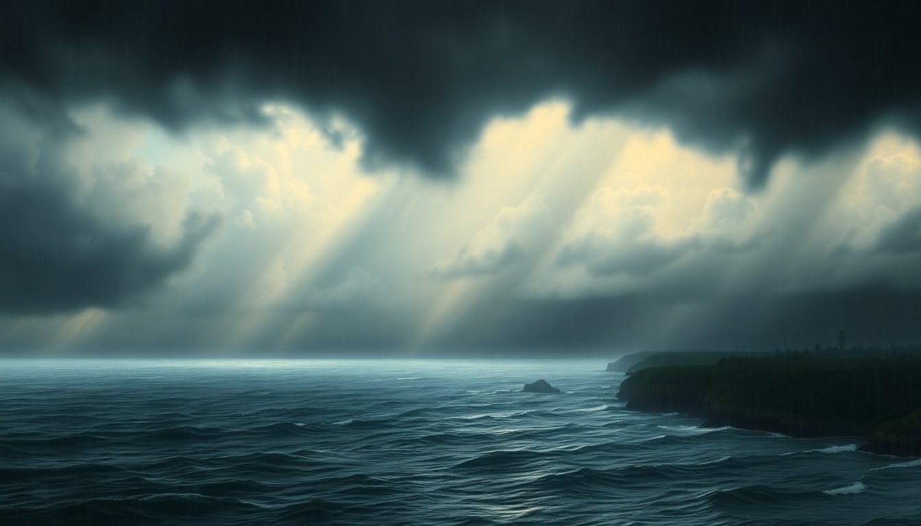 A vast, atmospheric landscape painting depicting a stormy, rain-soaked coastal scene in South Florida, with heavy rain and dark clouds dominating the frame and dwarfing any visible structures or landmarks.