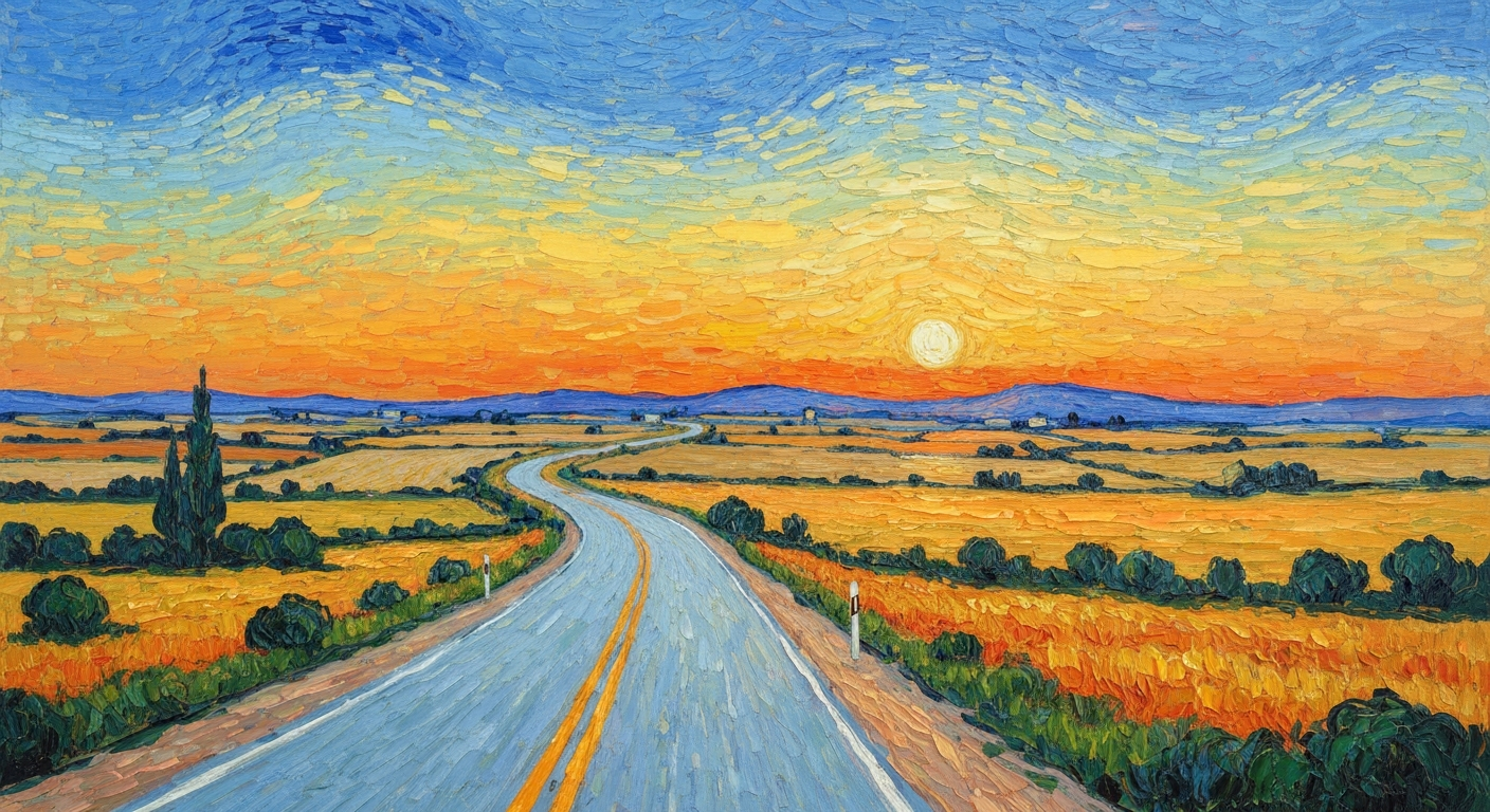A sweeping, textured oil painting landscape in warm sunset hues, depicting a winding two-lane highway cutting through a vast, open countryside, conceptually representing the nostalgic spirit of classic American road trips.