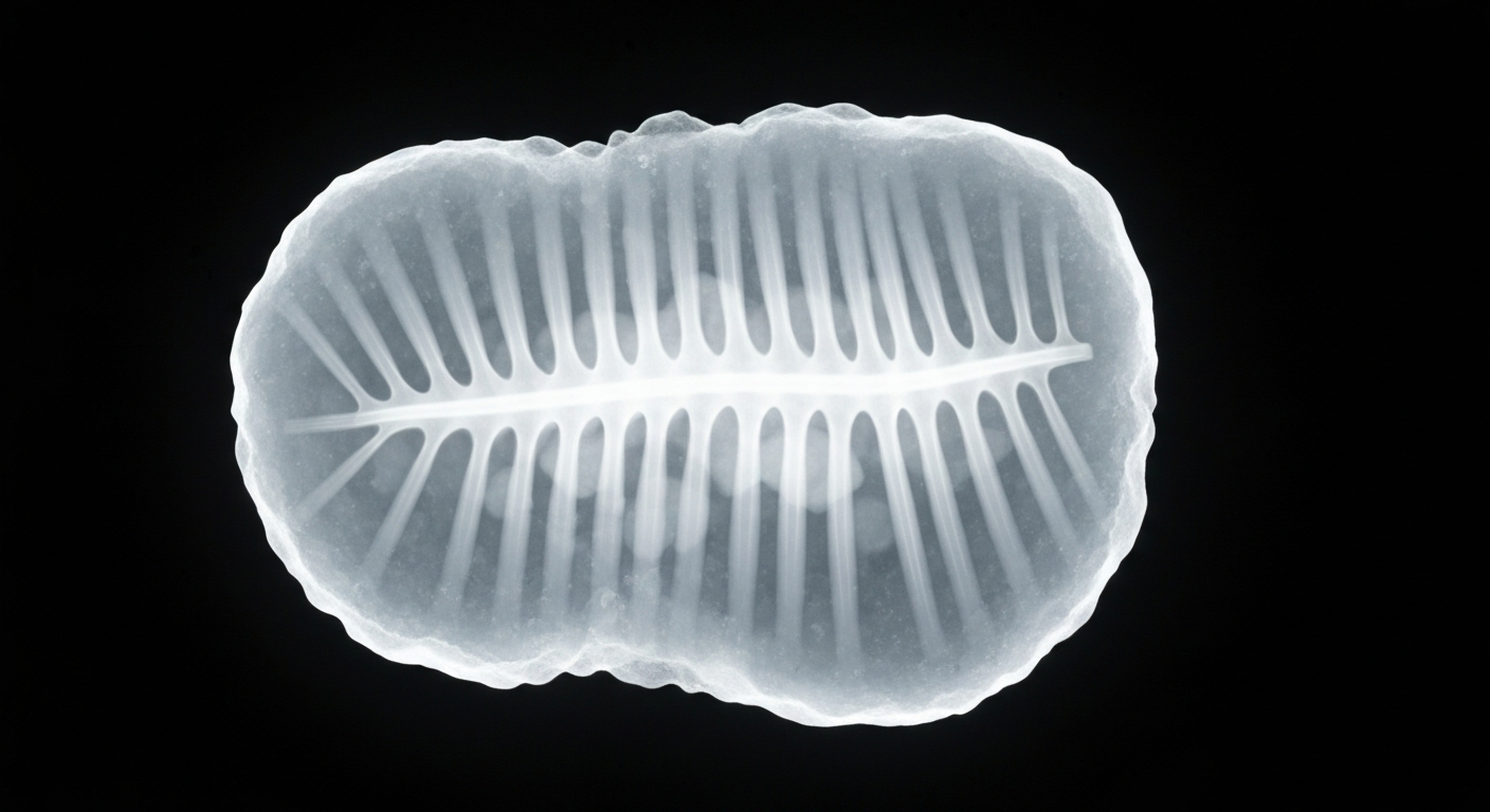 A ghostly, translucent X-ray photograph revealing the internal structure of a frozen chicken nugget as glowing lines against a dark background, conceptually representing the rigorous testing process to ensure food safety.