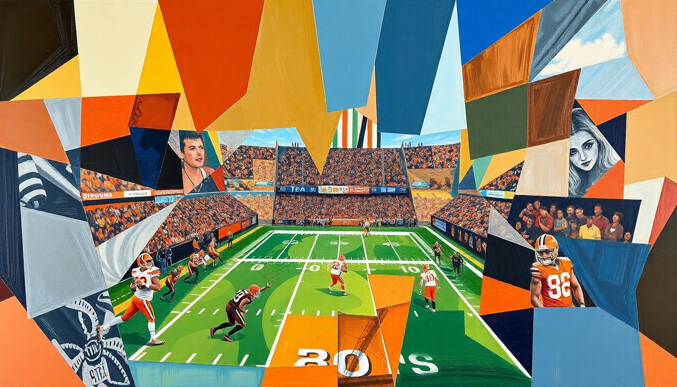 A fragmented, geometric painting depicting a Cleveland Browns football game, with players and the field broken down into sharp, overlapping planes of color and form.