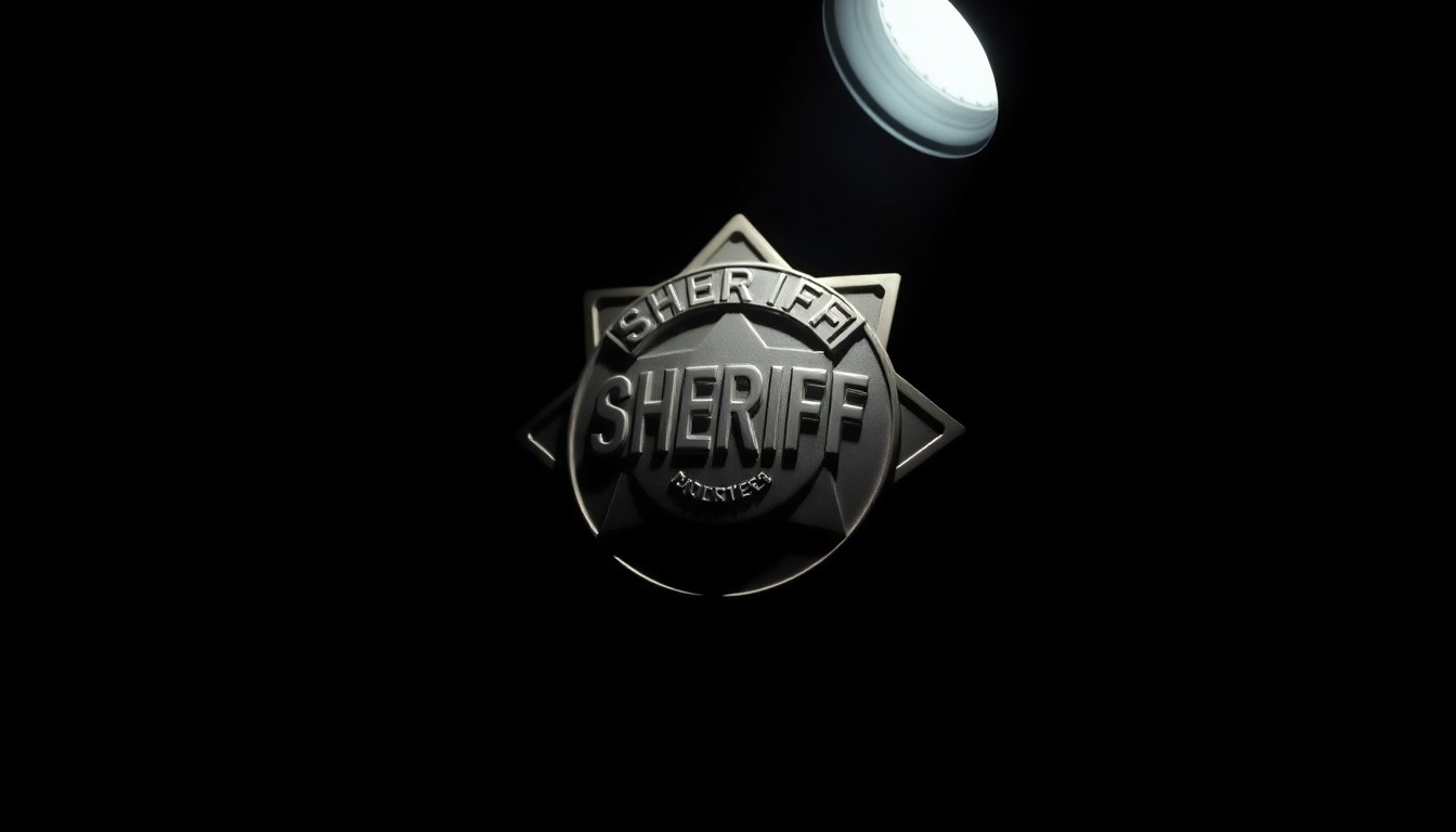 An extreme close-up photograph of a sheriff's badge or other law enforcement equipment lit by a harsh, direct camera flash against a pitch-black background, creating a stark, gritty, investigative aesthetic.