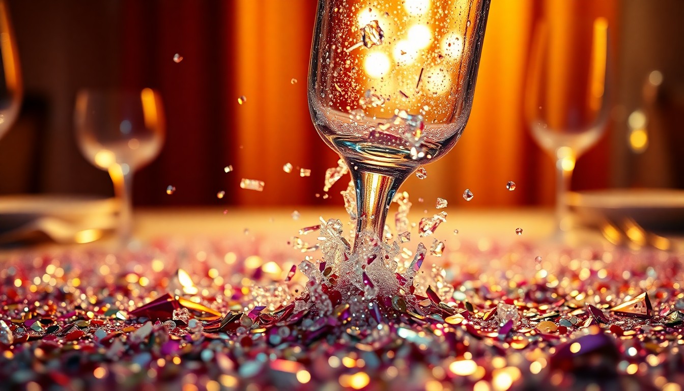 An abstract close-up photograph featuring shattered glass and glittering sequins, creating a high-contrast, high-fashion aesthetic that captures the dramatic, high-stakes mood of the film.