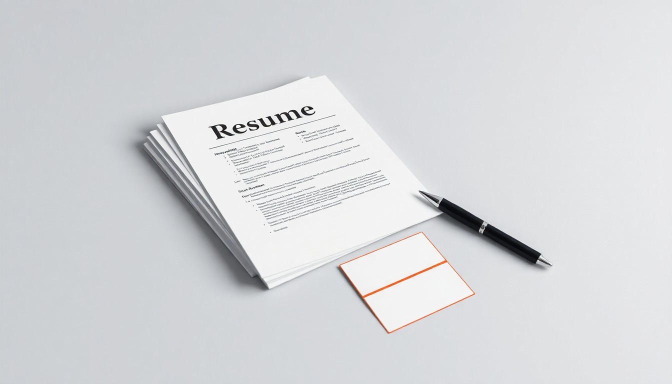 A high-end, photorealistic studio still-life photograph featuring a stack of neatly organized resumes, a pen, and a name tag on a clean, monochromatic background, symbolizing the process of job seeking and hiring.
