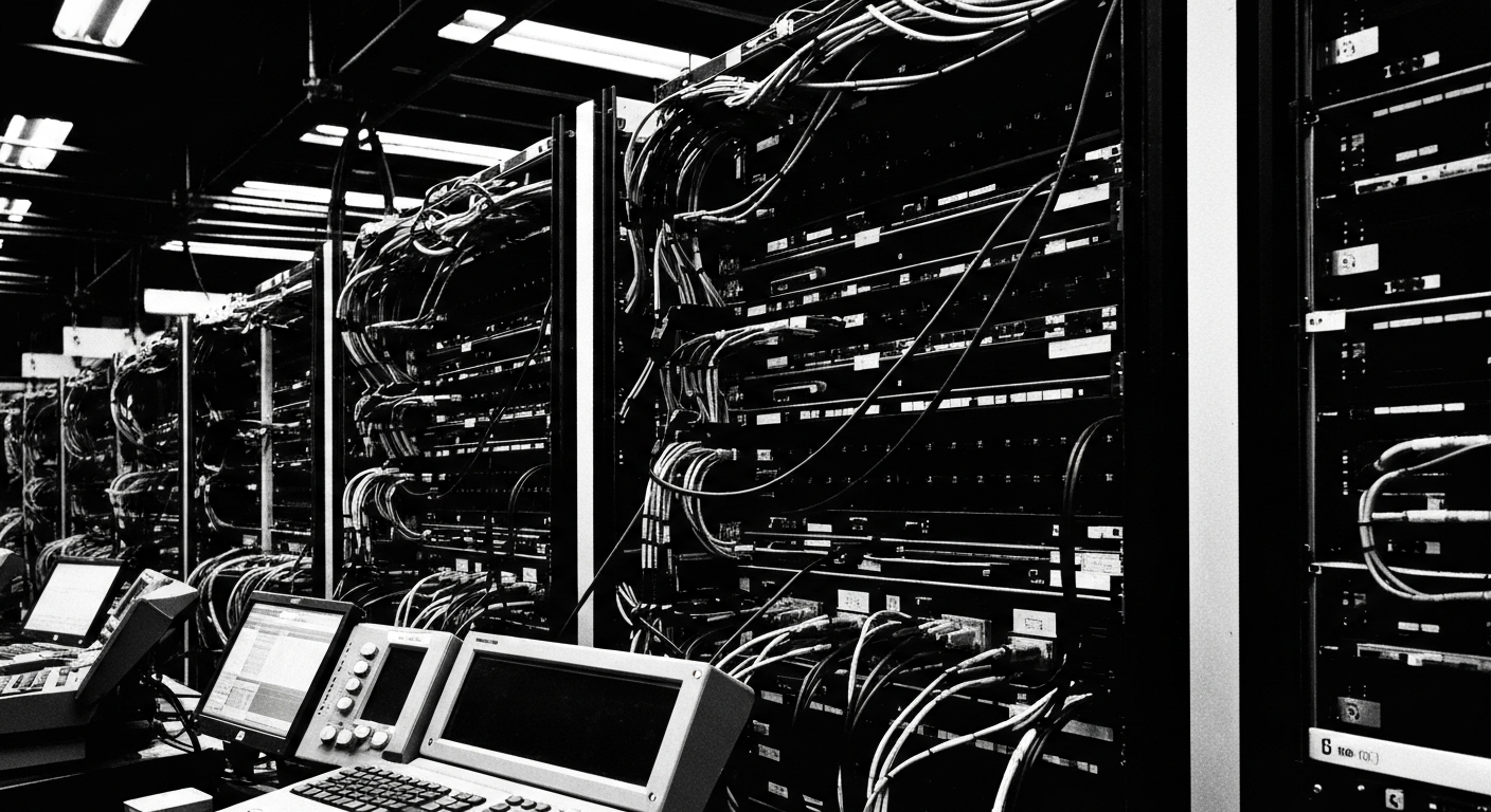 A high-contrast, cinematic close-up of complex financial machinery and equipment, such as servers, cables, and trading terminals, conveying the scale, power, and technical sophistication of modern financial infrastructure.