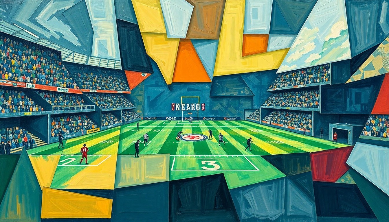 A cubist, geometric painting depicting a fragmented football field with players and referees broken down into overlapping angular shapes and planes, conveying the complex ethical issues surrounding broadcasters working for teams.