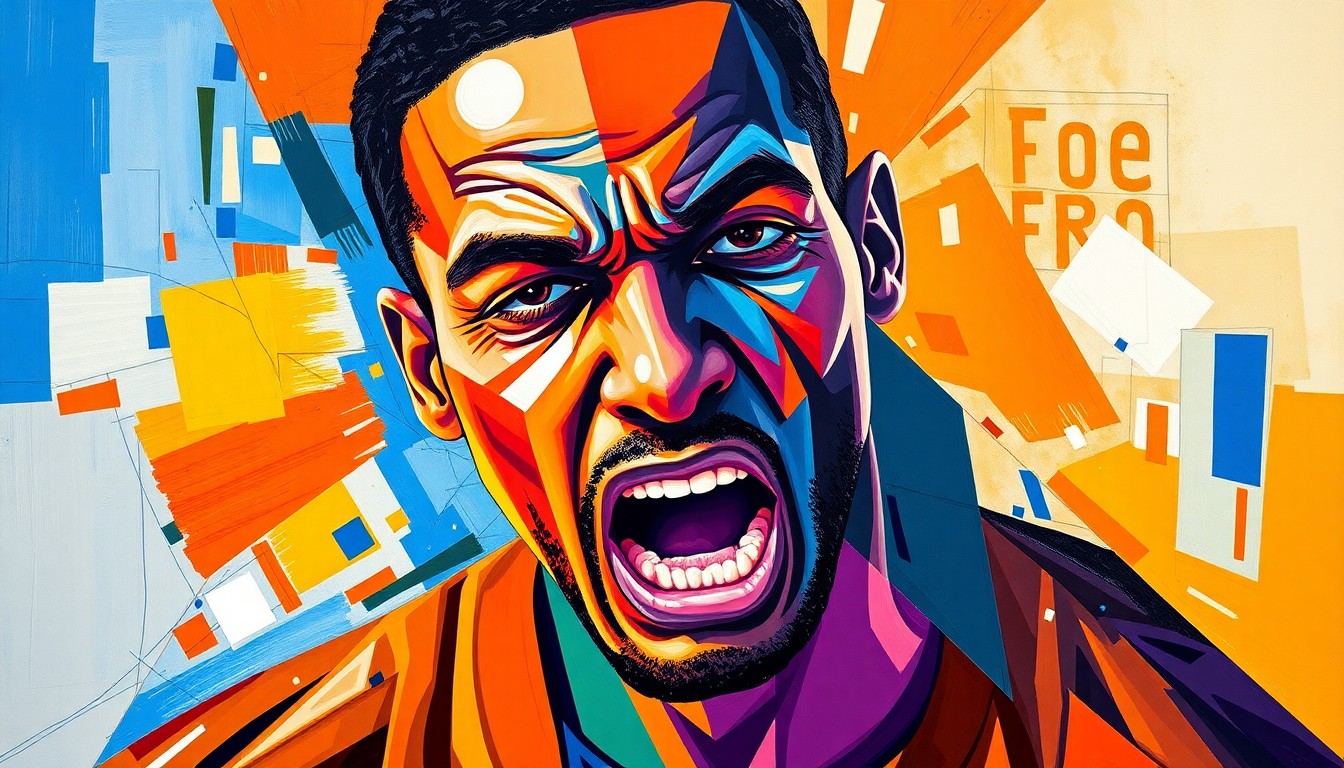 A cubist, geometric painting depicting the fractured emotional state of a basketball player, with sharp, overlapping shapes and vibrant colors conveying the intensity of the situation.