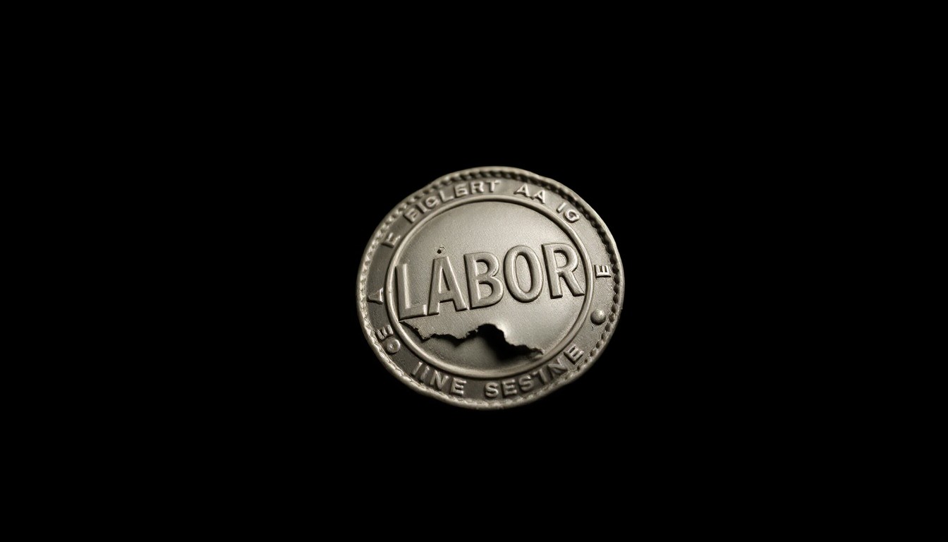 An extreme close-up photograph of a crumpled, discarded labor union badge against a pitch-black background, lit by a harsh, direct camera flash, conceptually representing the fall from grace of a once-celebrated labor icon.