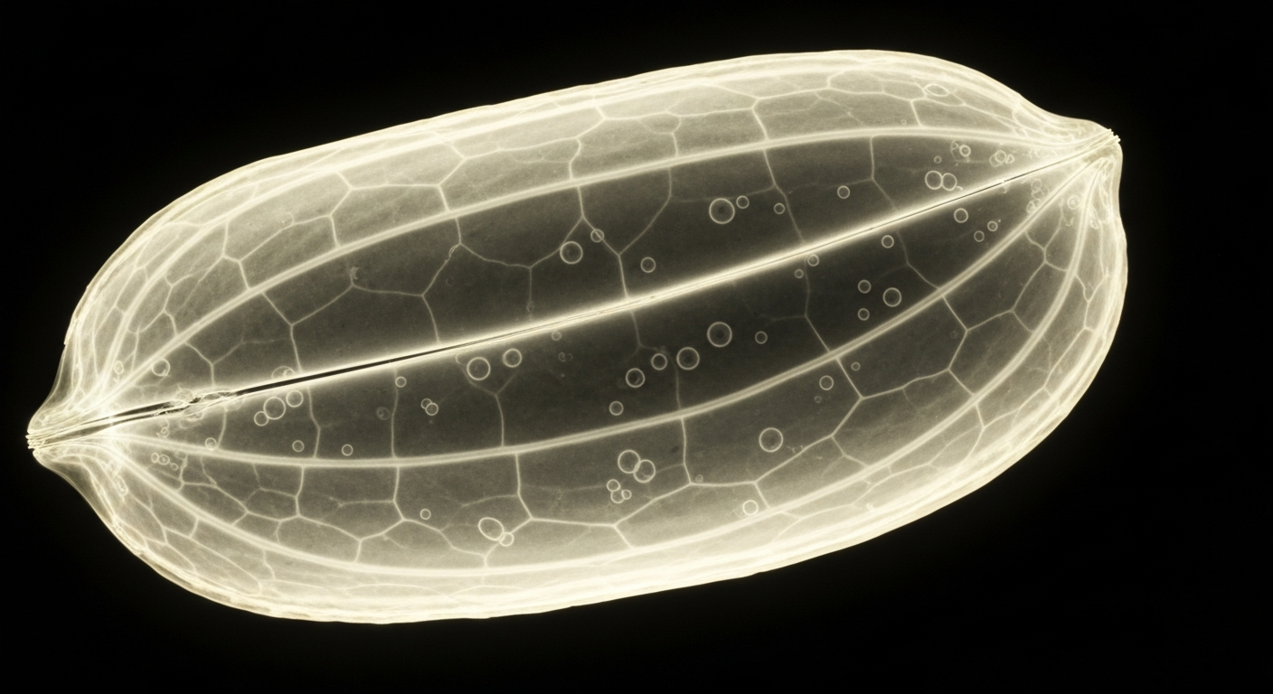 A translucent X-ray photograph showing the intricate internal structure of a peanut shell, conveying the unseen risks of the recalled product.