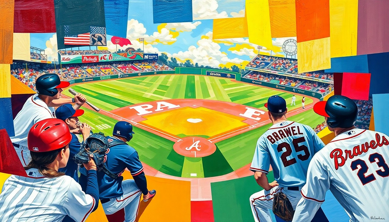 A cubist, geometric painting depicting a baseball game in motion, with sharp, overlapping shapes and planes of color representing the players and action on the field.