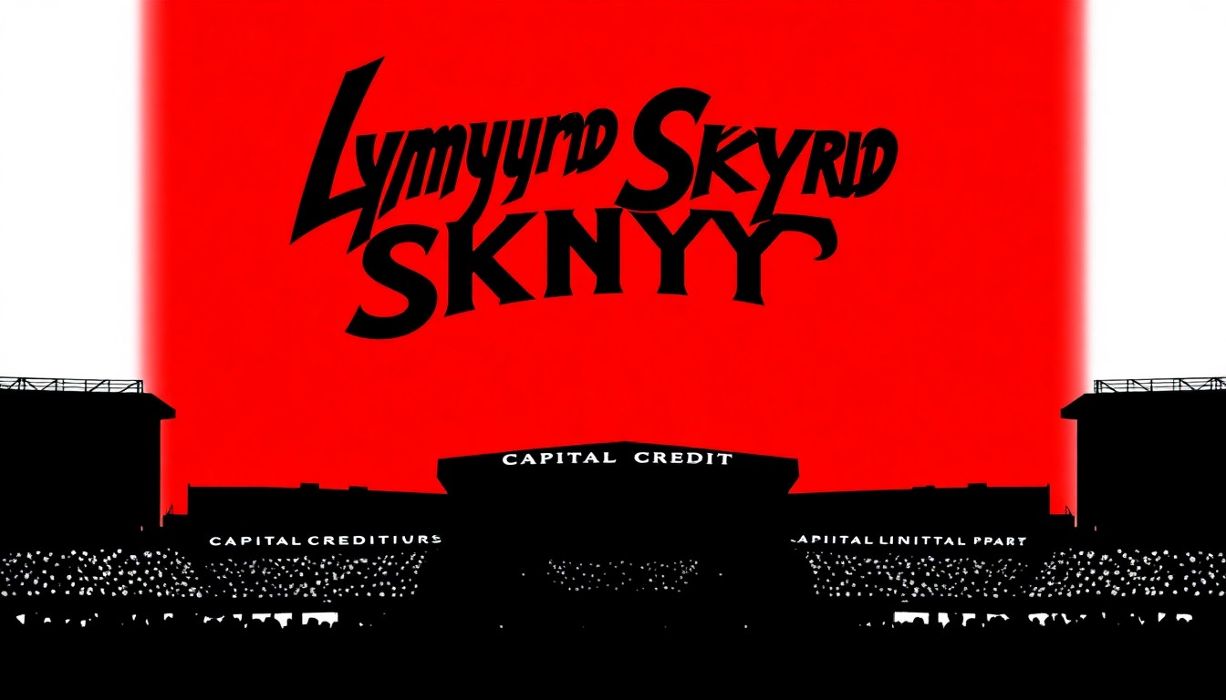 A bold, abstract illustration featuring stark black silhouettes of the Lynyrd Skynyrd logo and the Capital Credit Union Park venue, set against a high-contrast background of deep red and bright white, conceptually representing the energy and legacy of the upcoming concert.